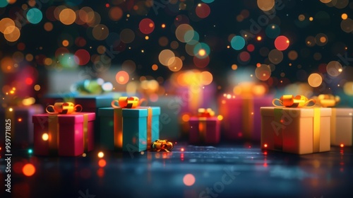 colorful gift boxes with ribbons and bows on dark background