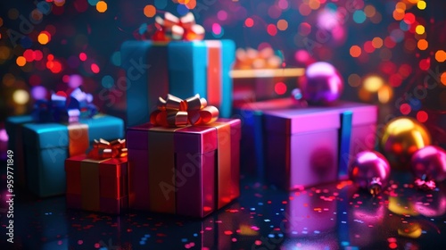 colorful gift boxes with ribbons and bows on dark background