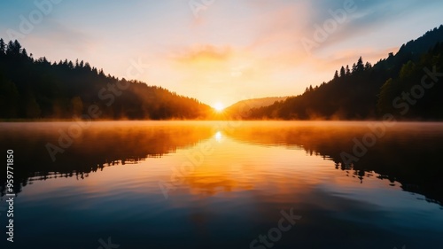 Serene sunset over a tranquil lake, surrounded by lush forests, reflecting vibrant colors on the water's surface.