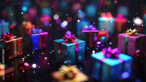 colorful gift boxes with ribbons and bows on dark background