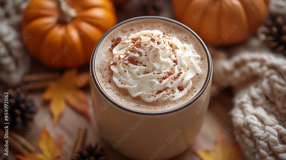 A pumpkin spice latte captured from a top-down perspective, featuring a swirl of whipped cream and cinnamon, surrounded by pumpkins, autumn leaves, and a knit blanket. The warm, A pumpkin spice latte captured from a top-down perspective, featuring a swirl of whipped cream and cinnamon, surrounded by pumpkins, autumn leaves, and a knit blanket. The warm,