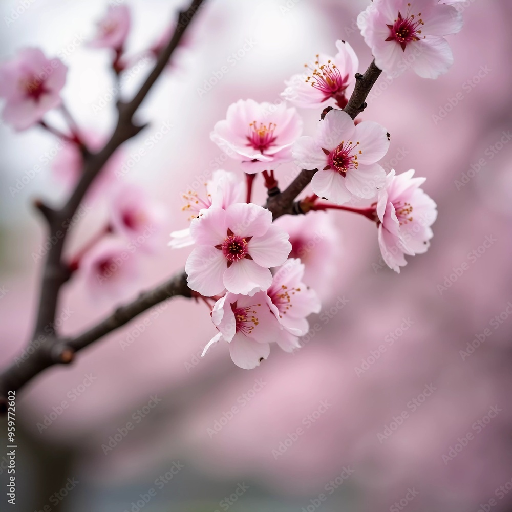 Obraz premium Sakura is blooming. Delicate pink cherry blossoms bloom beautifully on a tree branch during the spring season, filling the scene with vibrant colors and a sense of renewal in nature. Generative AI