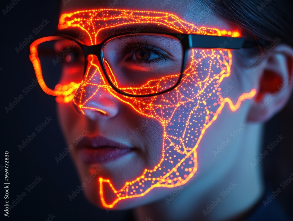 Futuristic portrait with glowing overlay on face, showcasing technology and innovation in a modern aesthetic. Futuristic portrait with glowing overlay on face, showcasing technology and innovation in a modern aesthetic.
