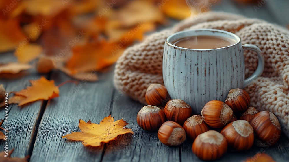 A rustic autumn scene featuring roasted chestnuts in their shells, arranged on a wooden table with a warm blanket, autumn leaves, and a steaming mug of hot cocoa. The warm, A rustic autumn scene featuring roasted chestnuts in their shells, arranged on a wooden table with a warm blanket, autumn leaves, and a steaming mug of hot cocoa. The warm,