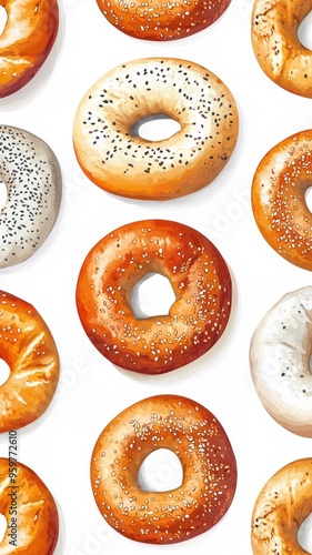 Watercolor plain bagels and sesame seeds bagels on white background,London Bagel,Everything bagels topped with cream cheese for breakfast,Homemade freshly plain,onion bagels,space for text. photo