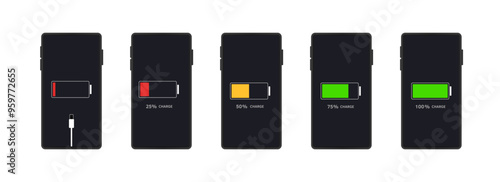 Phone charge level set icons. Flat and linear style. Vector icons.