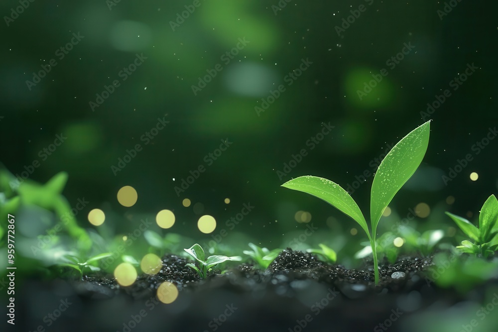 Young plant sprouting from the earth in a glowing forest, symbolizing personal growth and new opportunities, renewal Young plant sprouting from the earth in a glowing forest, symbolizing personal growth and new opportunities, renewal