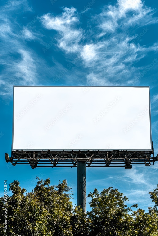 Massive blank billboard on an industrial metal structure, standing tall against the blue sky, a canvas for creative campaigns Massive blank billboard on an industrial metal structure, standing tall against the blue sky, a canvas for creative campaigns