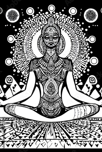 A black and white illustration of a woman in a lotus position with intricate geometric patterns covering her body, surrounded by a mandala-like design and a starry night sky.