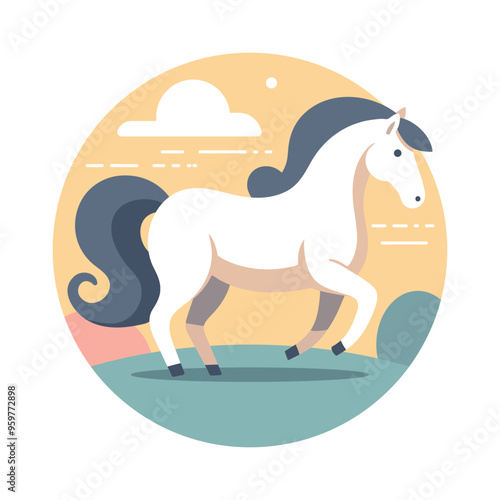 Cartoon Horse in a Happy Pose with Nature Background Flat Vector Design