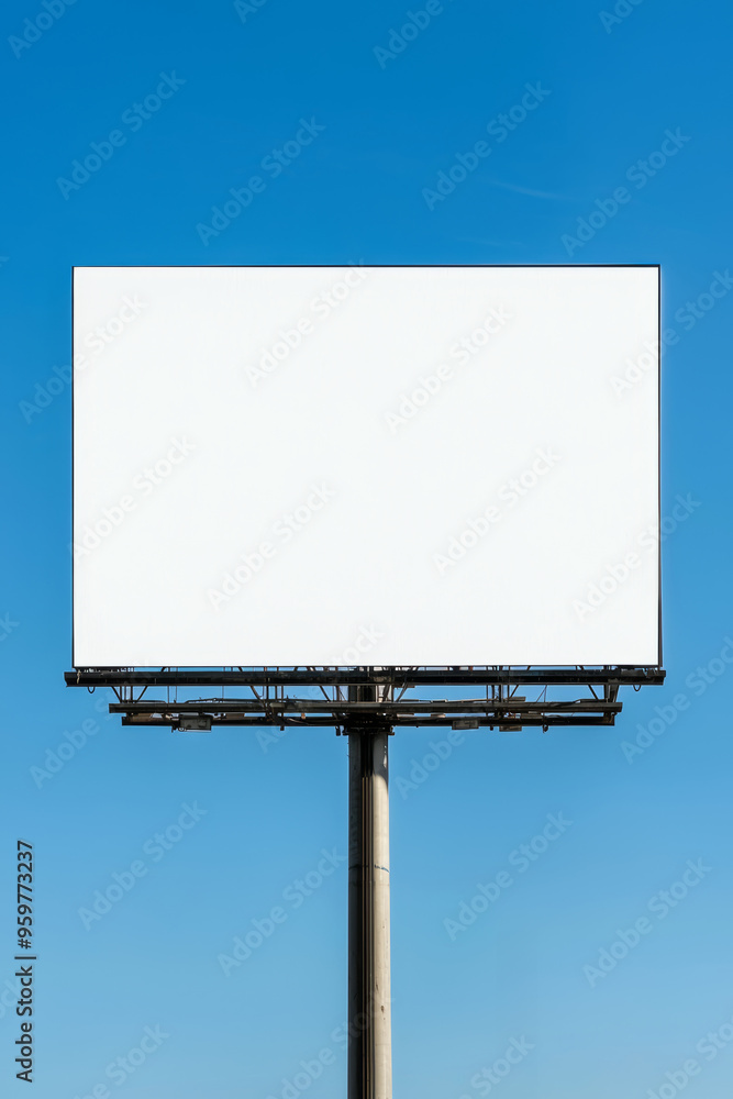 Outdoor billboard with a white canvas, supported by a strong metal structure, standing out against a pristine blue sky Outdoor billboard with a white canvas, supported by a strong metal structure, standing out against a pristine blue sky