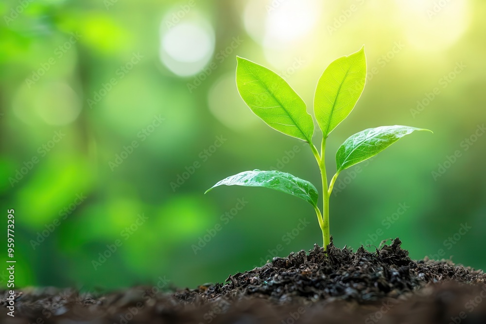 Obraz premium A new sapling emerging in a lively forest, embodying rebirth, progress, and exciting opportunities, fresh adventure awaits.