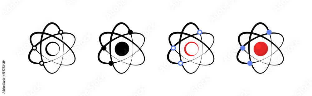 Atom set icons. Linear, silhouette and flat style. Vector icons. Atom set icons. Linear, silhouette and flat style. Vector icons.