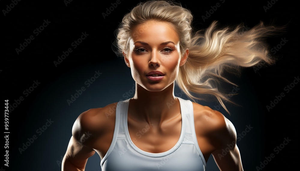 portrait of a blonde woman runner wearing a white top on black background portrait of a blonde woman runner wearing a white top on black background
