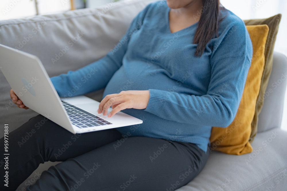 Fototapeta premium Pregnant asian woman using laptop sitting on sofa at home buying for newborn Online shopping pregnancy concept Positive life moment in pregnancy time.