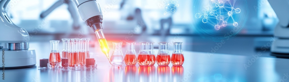 Modern laboratory with robotic pipetting system, showcasing advanced technology in scientific research and experiment preparation. Modern laboratory with robotic pipetting system, showcasing advanced technology in scientific research and experiment preparation.