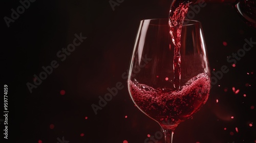 An elegant red wine is being poured into a glass, showcasing its rich, deep color