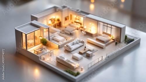 Modern miniature apartment model featuring elegant furniture, cozy lighting, and a stylish design for interior inspiration.