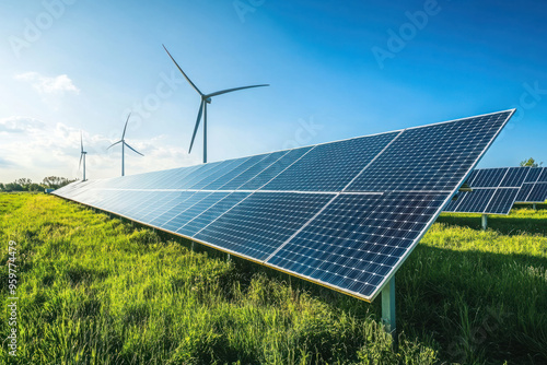 Solar panels and wind turbines in a green field under a clear blue sky, symbolizing renewable energy and sustainability photo