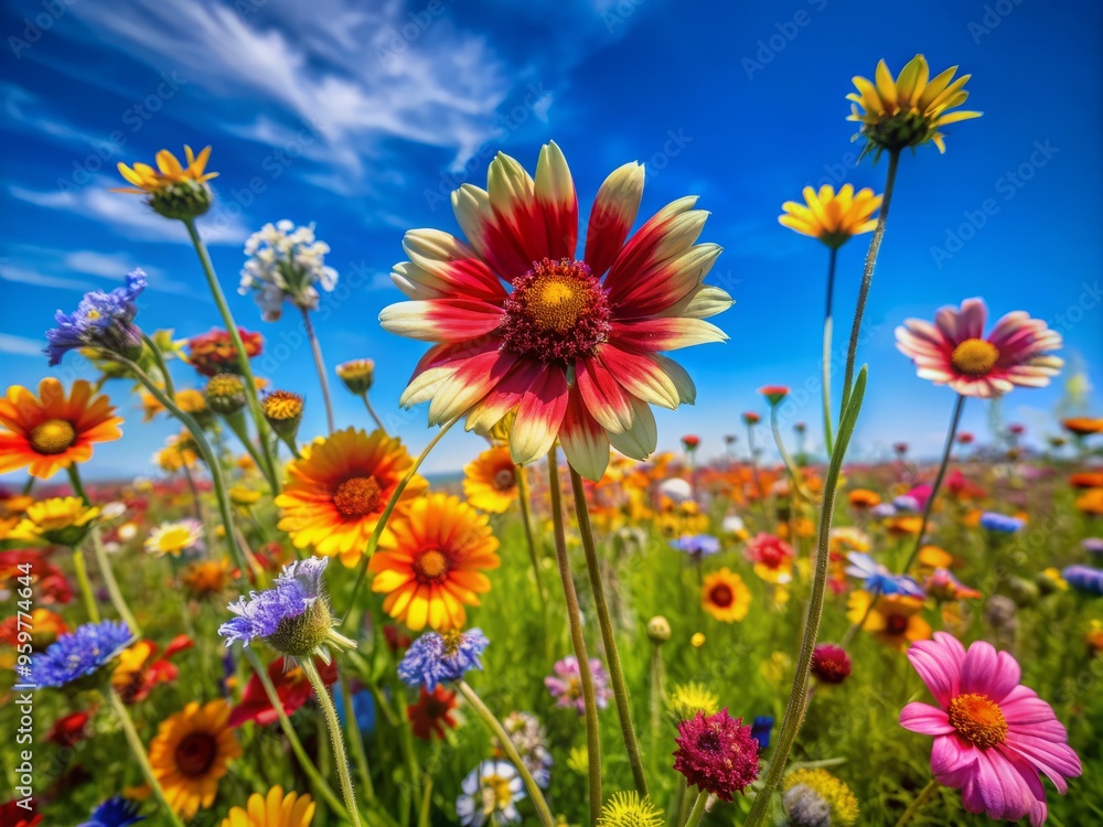 A cluster of wildflowers blooms in a field, their colors vibrant against the soft blue sky, with a macro lens capturing the intricate details of the petals and stamens. A cluster of wildflowers blooms in a field, their colors vibrant against the soft blue sky, with a macro lens capturing the intricate details of the petals and stamens.
