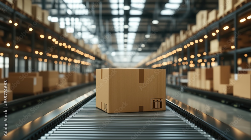 Single Cardboard Box on Warehouse Conveyor Belt. Single cardboard box travels on a conveyor belt through a high-tech warehouse, representing modern logistics and automated handling processes. Single Cardboard Box on Warehouse Conveyor Belt. Single cardboard box travels on a conveyor belt through a high-tech warehouse, representing modern logistics and automated handling processes.