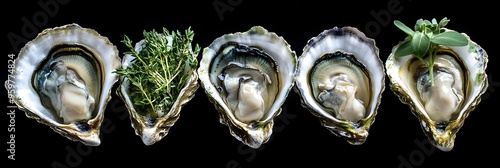 Mouthwatering Freshly Shucked Oysters with Herbs on Black Background photo