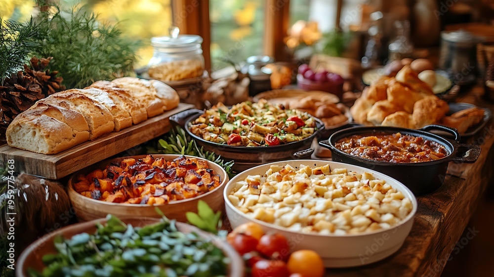 A side view of a rustic table overflowing with autumnal foods, including roasted vegetables, stews, and fresh bread, with fall leaves scattered around. The warm, golden lighting enhances the rich, A side view of a rustic table overflowing with autumnal foods, including roasted vegetables, stews, and fresh bread, with fall leaves scattered around. The warm, golden lighting enhances the rich,