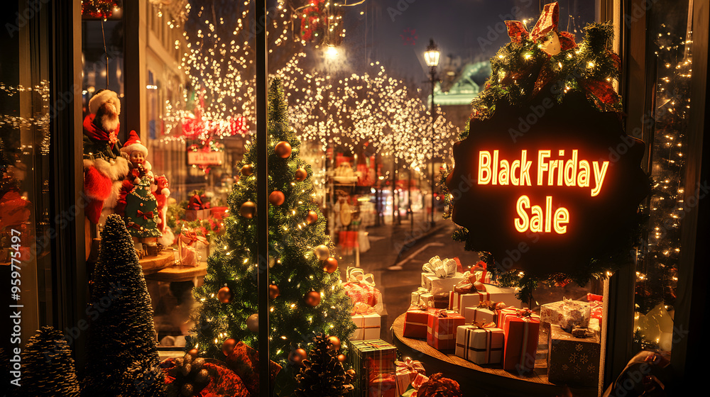 A festive holiday window display showcases a black friday sale with illuminated decorations, gifts, and cheerful holiday figures surrounded by sparkling lights A festive holiday window display showcases a black friday sale with illuminated decorations, gifts, and cheerful holiday figures surrounded by sparkling lights