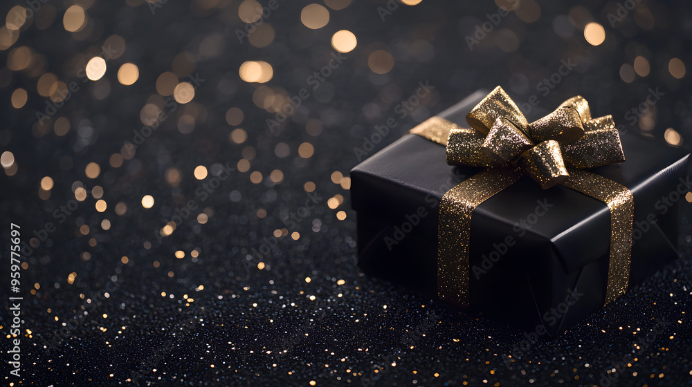 A high-contrast image of a single black gift box adorned with a golden bow, set against a sparkling bokeh background A high-contrast image of a single black gift box adorned with a golden bow, set against a sparkling bokeh background