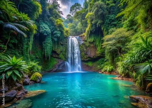 Coban Baung Fallsafter the rain plunges into a serene turquoise pool, surrounded by vibrant tropical plants, dense foliage reflected in the calm water.