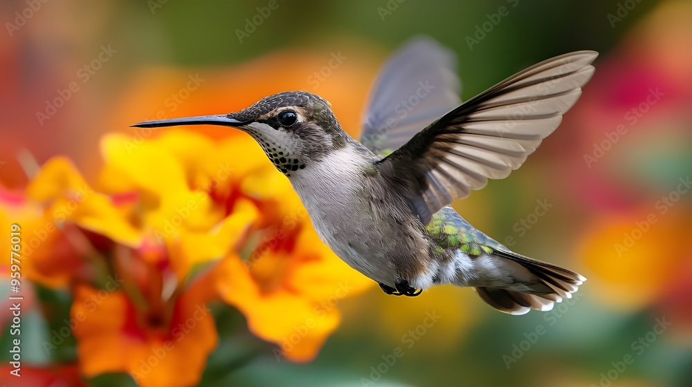 A close-up of a hummingbird hovering in front of a brightly colored flower, with its wings in rapid motion. A close-up of a hummingbird hovering in front of a brightly colored flower, with its wings in rapid motion.