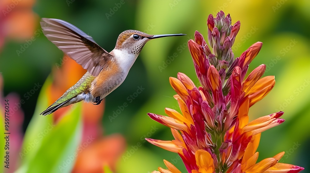 Fototapeta premium A close-up of a hummingbird hovering in front of a brightly colored flower, with its wings in rapid motion.