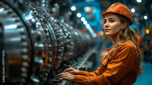 Confident Engineer Inspecting Machinery: A young female engineer in an orange jumpsuit and safety helmet looks confidently at the machinery in a factory setting, showcasing the power and precision.