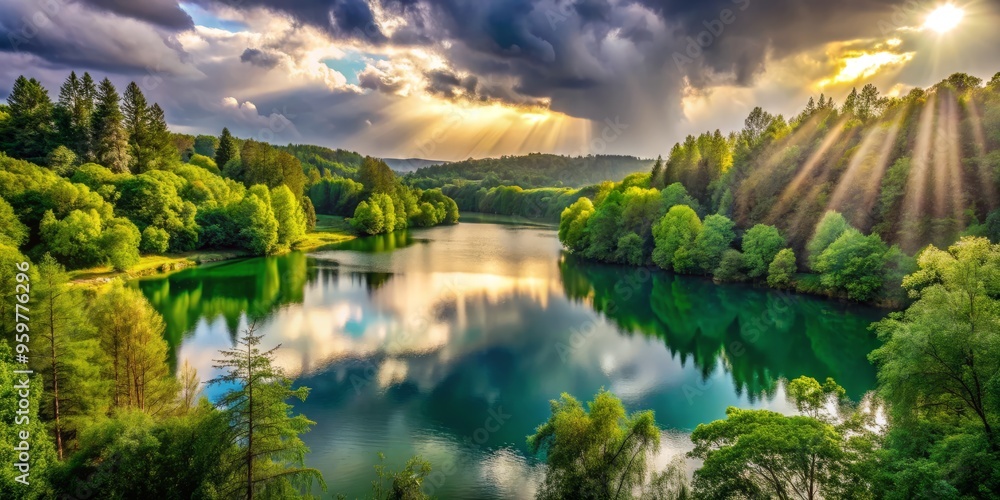 Fototapeta premium Trou de Fer after the rain is surrounded by an abundance of greenery, with the lake's calm surface mirroring the vibrant colors of the surrounding trees