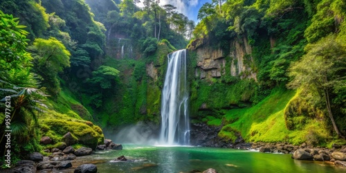 Coban Pelangi Falls in the afternoon, showcasing the vibrant, emerald green of the surrounding foliage photo