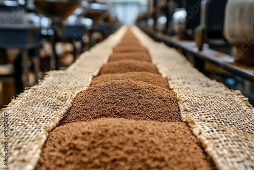 A Close-up View of Brown Granular Material on a Conveyor Belt photo