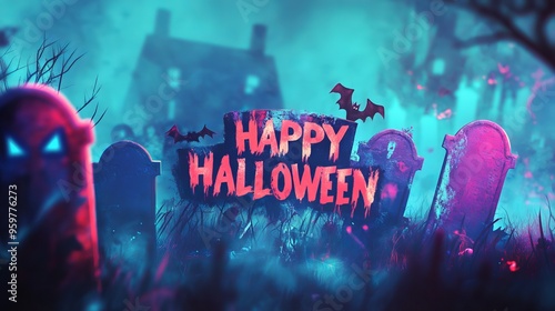 Happy Halloween in Spooky Graveyard with Haunted Castle
