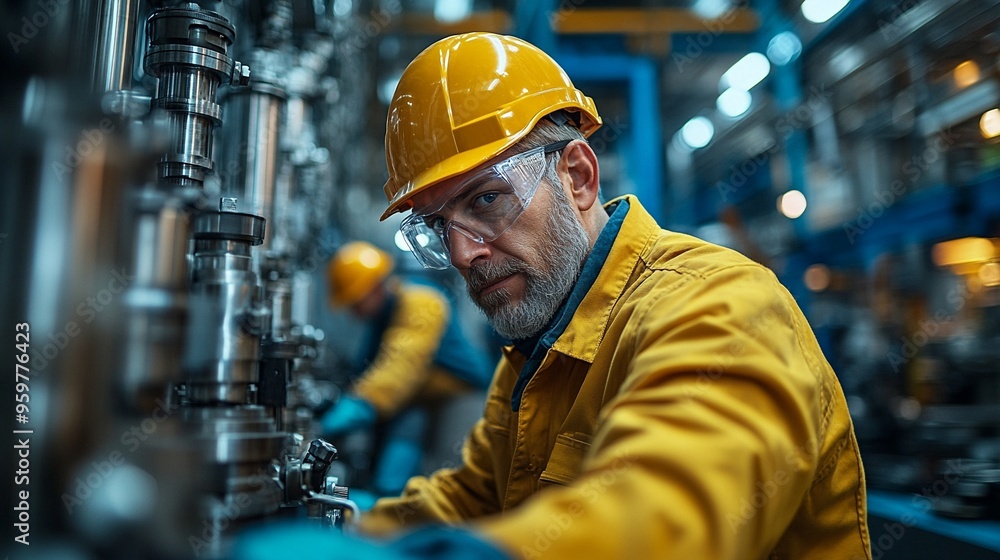 Industrial Expertise: A skilled and focused industrial worker in a yellow hard hat and safety glasses intently examines machinery in a busy factory setting, showcasing dedication and precision. Industrial Expertise: A skilled and focused industrial worker in a yellow hard hat and safety glasses intently examines machinery in a busy factory setting, showcasing dedication and precision.