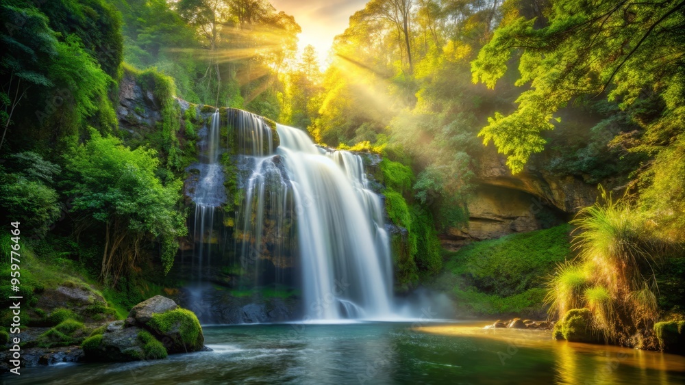 Virgin Falls in the afternoon captures the golden hour's soft, warm light cascading down the lush green vegetation surrounding the falls. Virgin Falls in the afternoon captures the golden hour's soft, warm light cascading down the lush green vegetation surrounding the falls.
