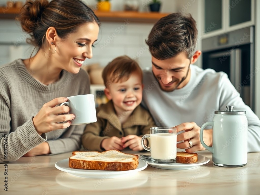 Amazing high resolution photos, close-up of a woman, a man and their child, having breakfast with coffee with milk and toast on the table in the kitchen. Family Amazing high resolution photos, close-up of a woman, a man and their child, having breakfast with coffee with milk and toast on the table in the kitchen. Family