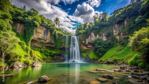 Coban Baung Fallsafter the rain forms a tranquil oasis, still water reflecting the vibrant green surroundings, a few wispy clouds drifting across the sky.