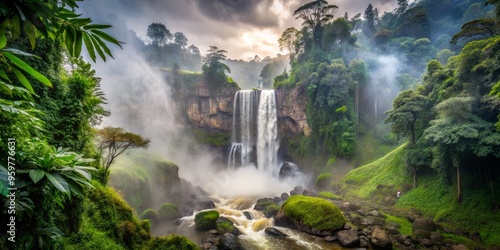 Coban Baung Fallsafter the rain shrouds the surroundings in mystery, dense mist hanging low over the falls, ancient trees looming in the background. photo