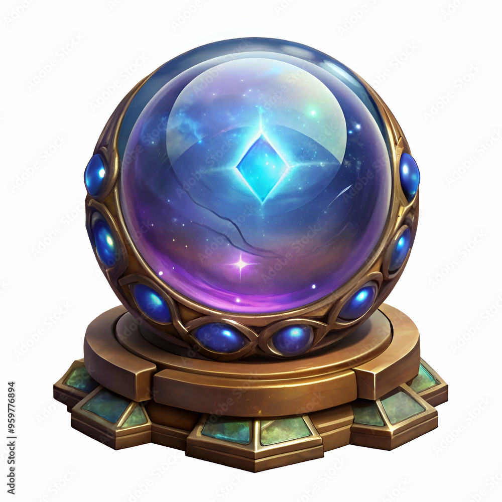 A blue crystal ball with a blue diamond on top. The ball is sitting on a pedestal A blue crystal ball with a blue diamond on top. The ball is sitting on a pedestal