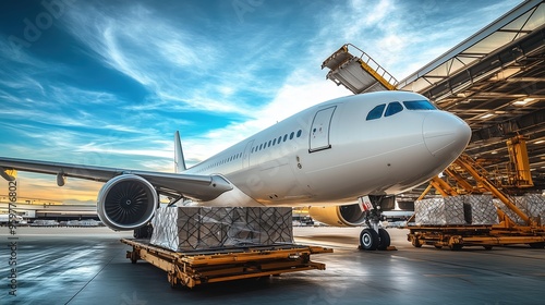 Aircraft Loading Cargo in Preparation for Flight. Large aircraft is being loaded with palletized cargo, highlighting the efficiency and scale of air freight operations in global logistics. photo