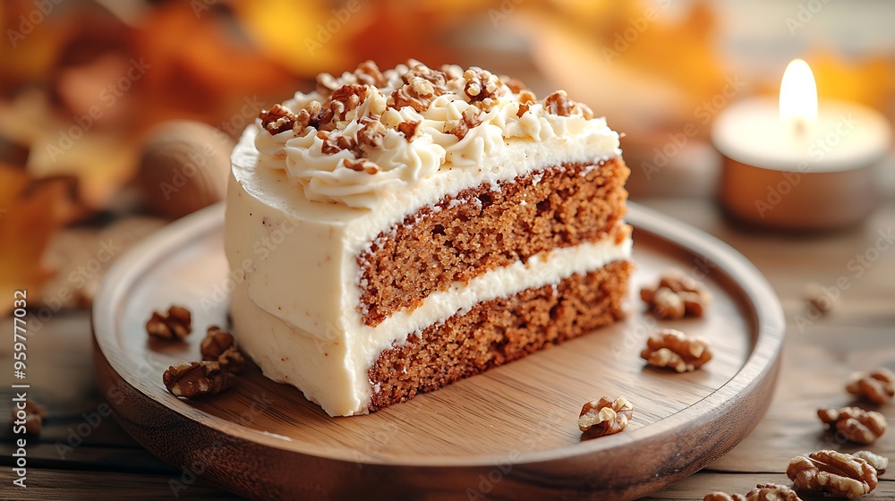 A slice of moist carrot cake with cream cheese frosting and walnut pieces, placed on a rustic wooden plate, surrounded by autumn leaves and warm candlelight. The soft, A slice of moist carrot cake with cream cheese frosting and walnut pieces, placed on a rustic wooden plate, surrounded by autumn leaves and warm candlelight. The soft,