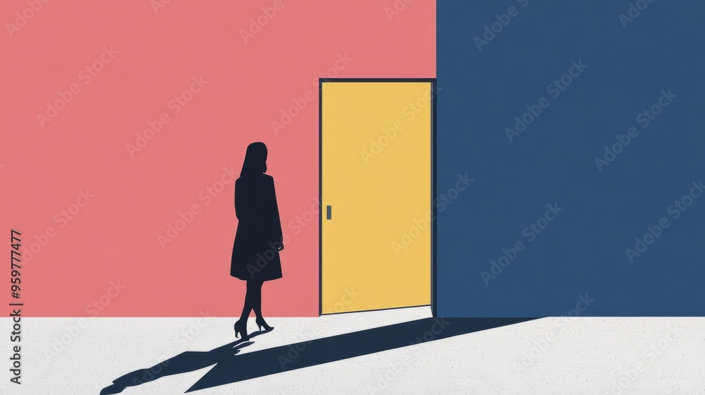 A minimalist woman walks towards the Truman world, an open door, color block, flat composition, low saturation of Morandi color scheme background color, outline, high resolution. A minimalist woman walks towards the Truman world, an open door, color block, flat composition, low saturation of Morandi color scheme background color, outline, high resolution.
