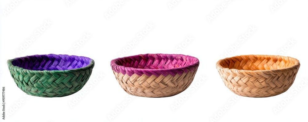 Boho woven basket made from natural fibers, featuring colorful accents, isolated on a white background. Boho woven basket made from natural fibers, featuring colorful accents, isolated on a white background.