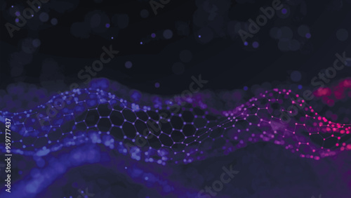 Futuristic hexagon wave. Abstract hexagon wave pattern. Dark cyberspace. Abstract wave with dots and line. 3d vector illustration.