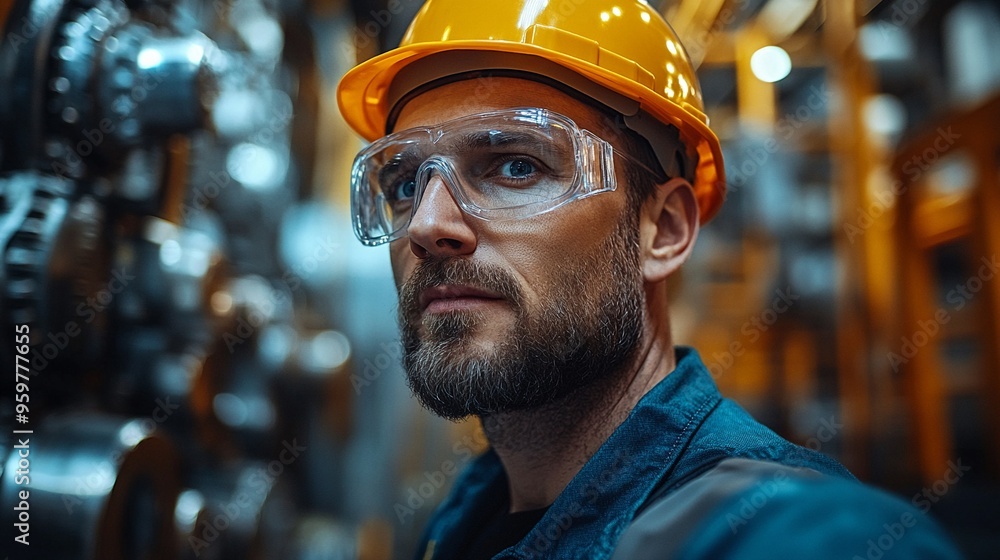 Focused Determination: A close-up portrait of a determined industrial worker, wearing a hardhat and safety glasses, his gaze fixed on a task, reflecting the dedication and precision.