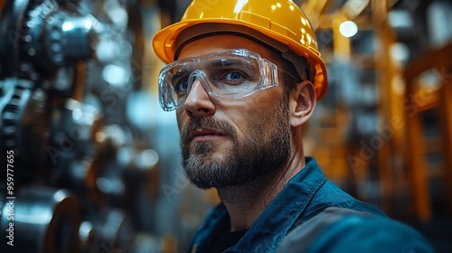 Focused Determination: A close-up portrait of a determined industrial worker, wearing a hardhat and safety glasses, his gaze fixed on a task, reflecting the dedication and precision. photo